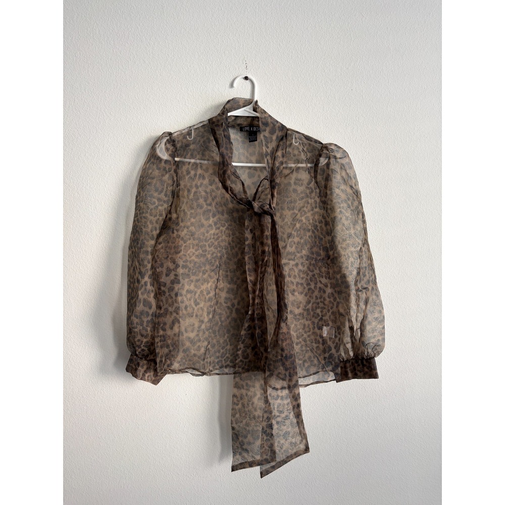 Love X Design Blouse Top Womens Small Brown Leopard Print Sheer Mesh Tie Neck